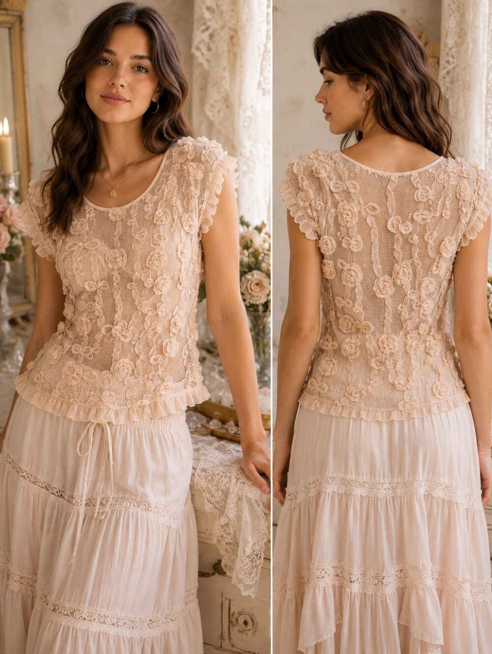 Fairy Coquette 3D Floral Sheer Lace Mesh Blouse Romantic Blu-Pepper Women's Sz M
